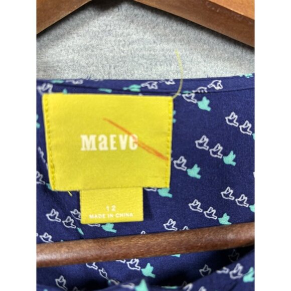 Maeve‎ Navy Blue Button Up Blouse Bird Print Size 12 Long Sleeve Shirt - Picture 2 of 5